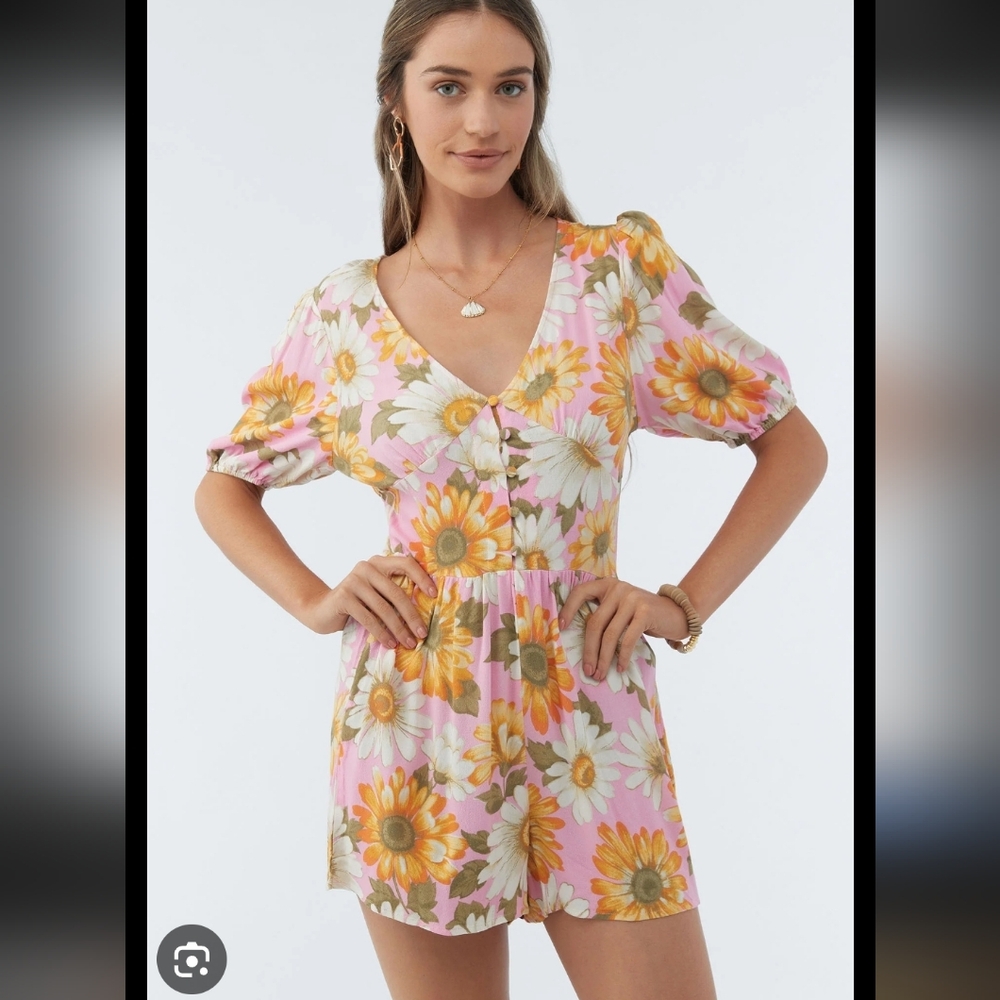 O'Neill Pink and Yellow Floral Pastel Romper V Neck XS